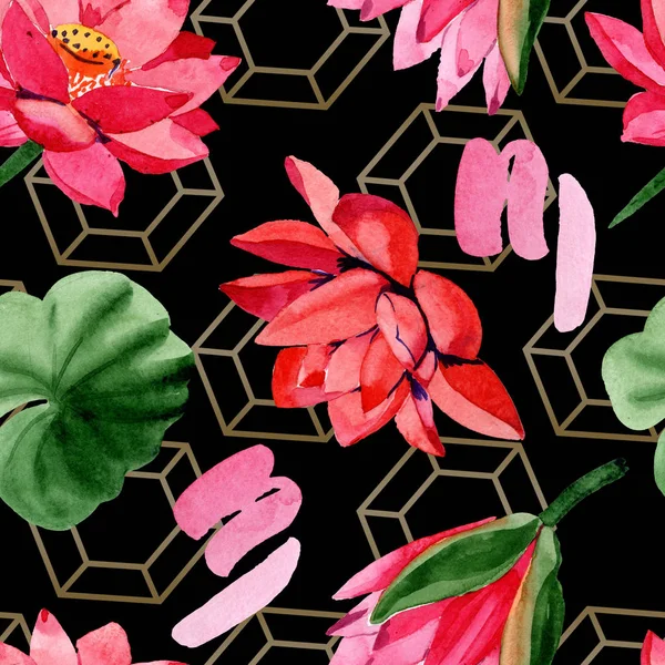 Red lotus flowers. Watercolor background illustration. Seamless background pattern. Fabric wallpaper print texture. — Stock Photo