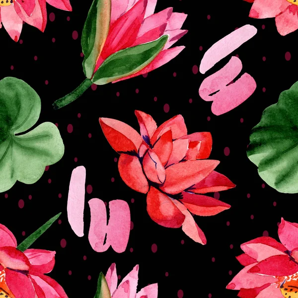 Red lotus flowers. Watercolor background illustration. Seamless background pattern. Fabric wallpaper print texture. — Stock Photo