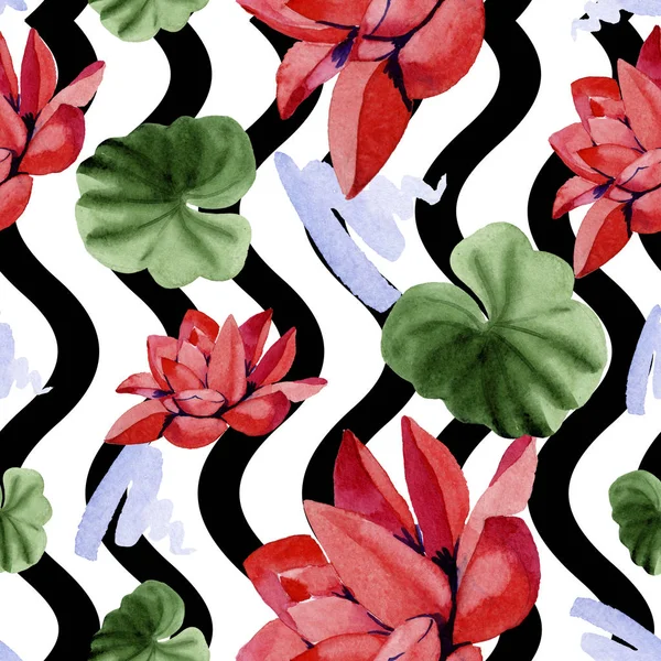 Red lotus flowers. Watercolor background illustration. Seamless background pattern. Fabric wallpaper print texture. — Stock Photo