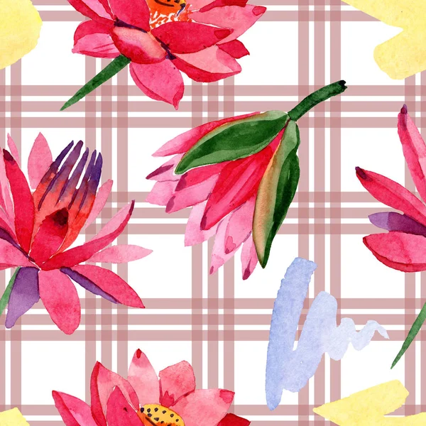 Red lotus flowers. Watercolor background illustration. Seamless background pattern. Fabric wallpaper print texture. — Stock Photo