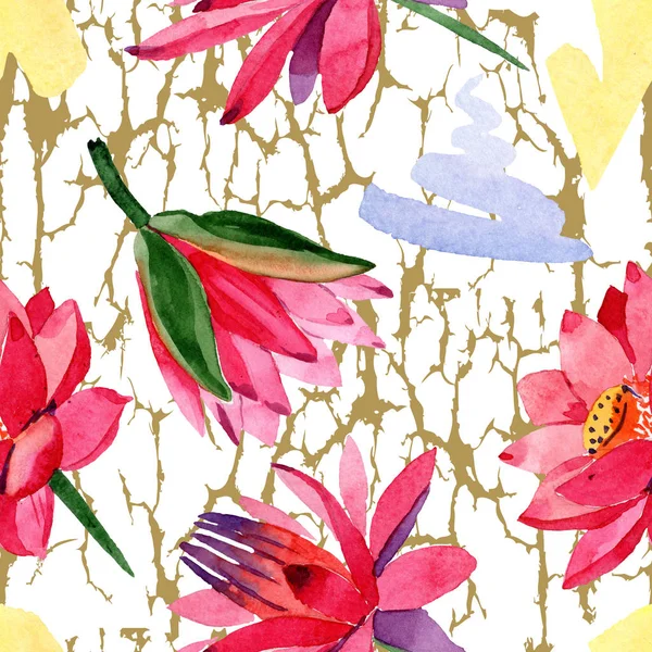 Red lotus flowers. Watercolor background illustration. Seamless background pattern. Fabric wallpaper print texture. — Stock Photo