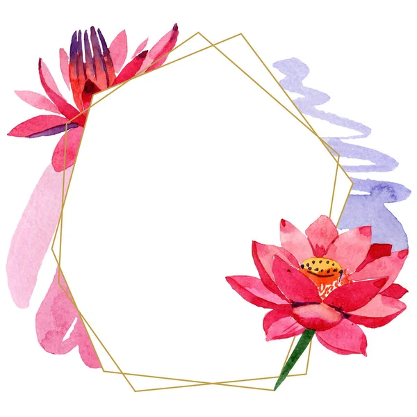 Red lotus flowers. Watercolor background illustration. Frame border golden crystal. Hand drawn in aquarell. Geometric polygon mosaic shape. — Stock Photo