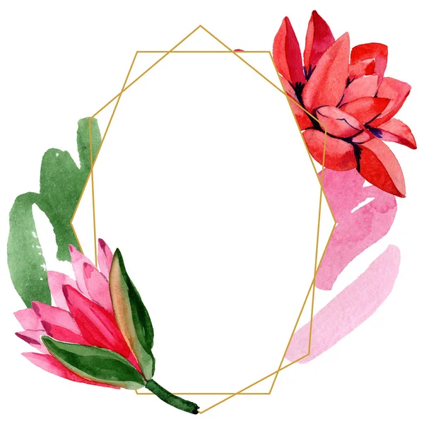 Red lotus flowers. Watercolor background illustration. Frame border golden crystal. Hand drawn in aquarell. Geometric polygon mosaic shape. — Stock Photo