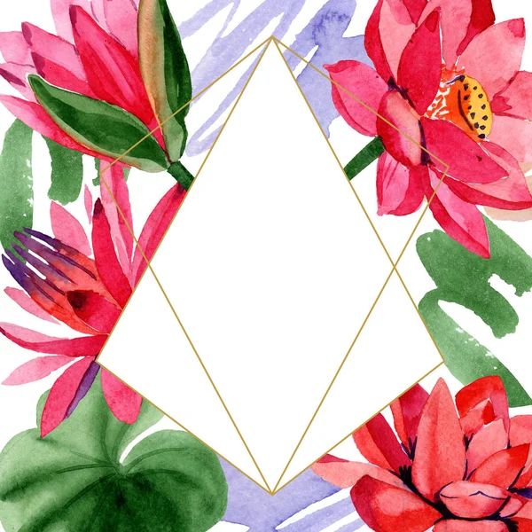 Rote Lotusblumen. Aquarell-Hintergrundillustration. Rahmen Rand goldener Kristall. Hand in Aquarell gezeichnet. geometrische Polygon-Mosaik-Form. — Stockfoto