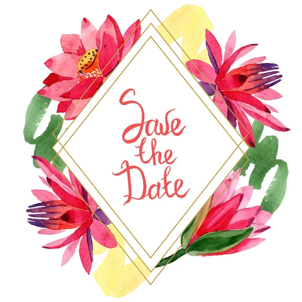 Red lotus flowers. Save the Date handwriting monogram calligraphy. Watercolor background illustration. Frame border golden rhombus. Geometric polygon crystal shape. — Stock Photo