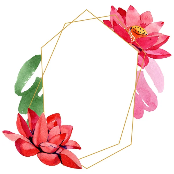 Red lotus flowers. Watercolor background illustration. Frame border golden crystal. Hand drawn in aquarell. Geometric polygon mosaic shape. — Stock Photo