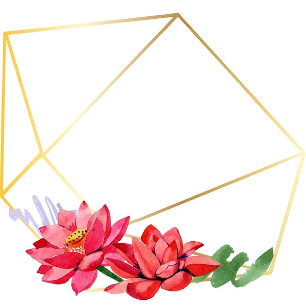 Red lotus flowers. Watercolor background illustration. Frame border golden crystal. Hand drawn in aquarell. Geometric polygon mosaic shape. — Stock Photo