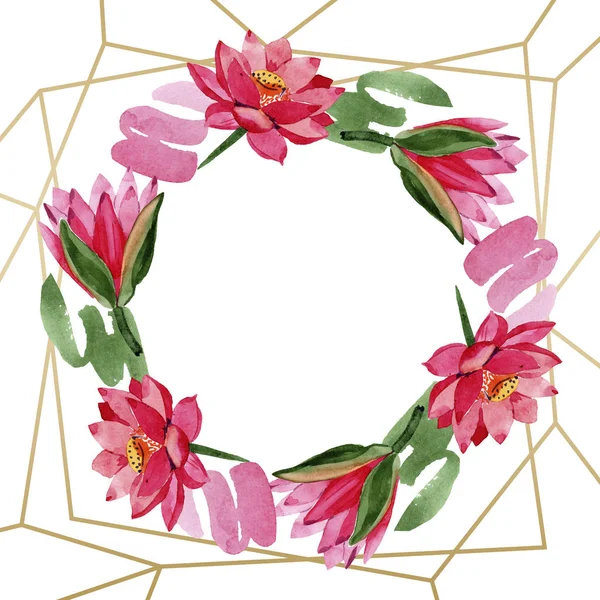 Red lotus flowers. Watercolor background. Frame border ornament wreath. Hand drawn in aquarell. Geometric polygon golden crystal mosaic shape. — Stock Photo