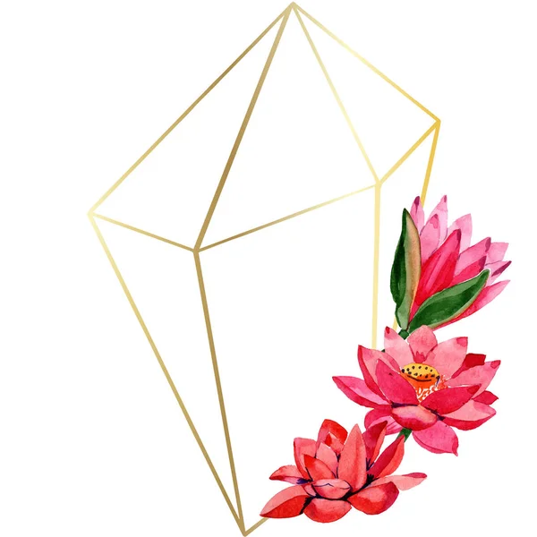Rote Lotusblumen. Aquarell Hintergrund Set vorhanden. Rahmen Rand goldener Kristall. Hand in Aquarell gezeichnet. geometrische Polygon-Mosaik-Form. — Stockfoto