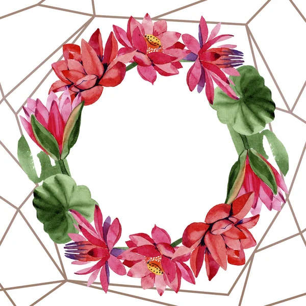 Red lotus flowers. Watercolor background. Frame border ornament wreath. Hand drawn in aquarell. Geometric polygon golden crystal mosaic shape. — Stock Photo