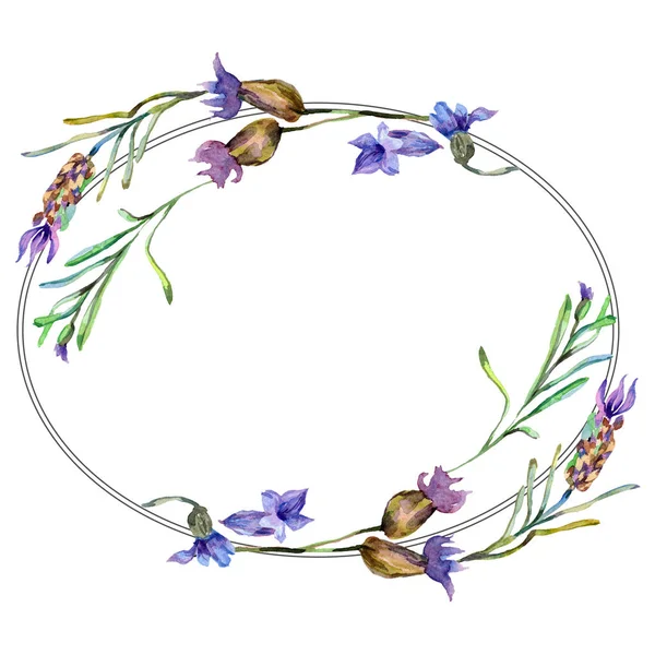 Purple lavender flowers. Wild spring flowers with green leaves. Watercolor background illustration. Round frame border. — Stock Photo