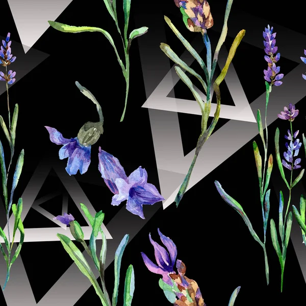 Purple lavender flowers. Seamless background pattern. Fabric wallpaper print texture. Hand drawn watercolor background illustration. — Stock Photo