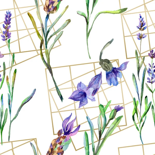 Fiori viola di lavanda. Acquerello modello di sfondo senza soluzione di continuità. Tessuto carta da parati texture di stampa. Forme di mosaico in poliedro cristallo oro . — Foto stock