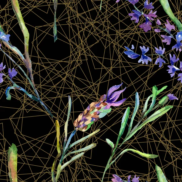 Violette Lavendelblüten. Aquarell nahtloses Hintergrundmuster. Textur für Stofftapeten. Gold-Kristall-Polyeder-Mosaikformen. — Stockfoto