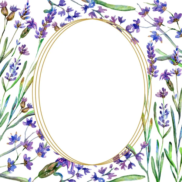 Purple lavender flowers. Wild spring flowers with green leaves. Watercolor background illustration. Round frame border. — Stock Photo