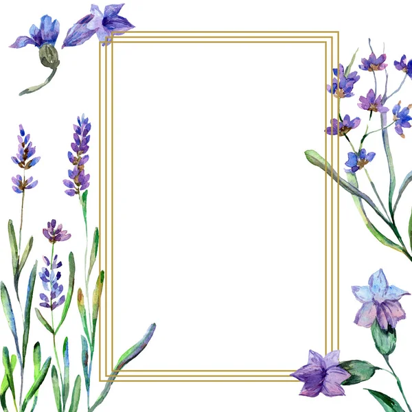 Purple lavender flowers. Watercolor background illustration. Frame square. Gold crystal stone polyhedron mosaic shape amethyst gem. — Stock Photo