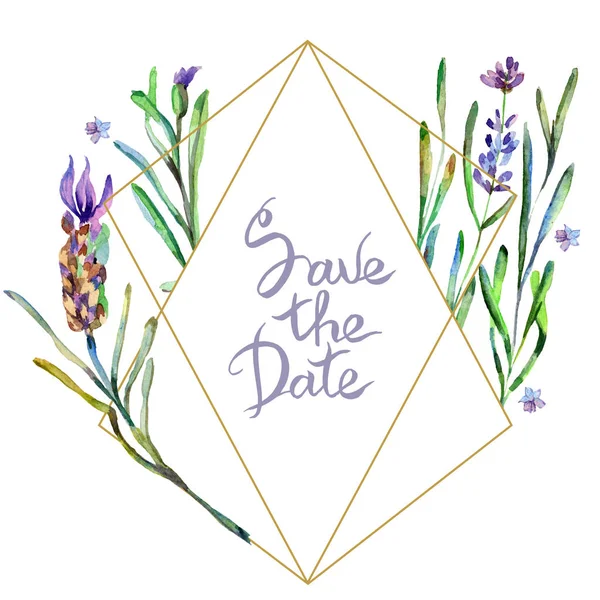 Purple lavender flowers. Save the date handwriting monogram calligraphy. Watercolor background. Frame border ornament. Gold crystal stone polyhedron mosaic shape amethyst gem. — Stock Photo