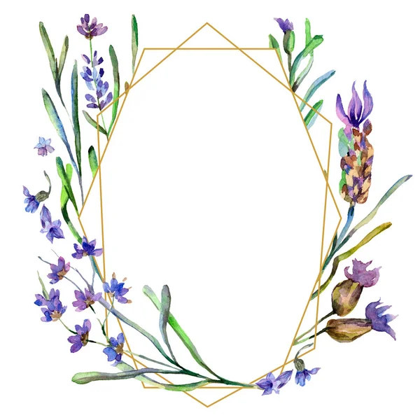 Purple lavender flowers. Watercolor background illustration. Frame border ornament. Gold crystal stone polyhedron mosaic shape amethyst gem. — Stock Photo