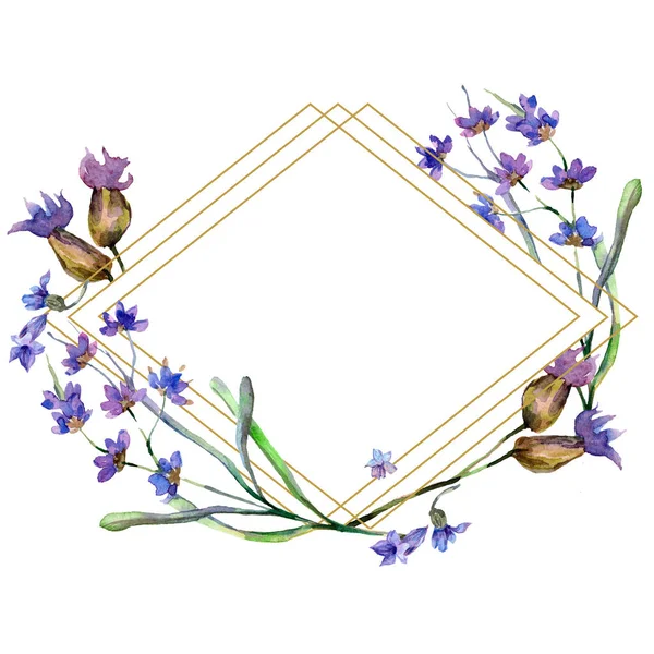 Purple lavender flowers. Watercolor background illustration. Rhombus frame. Gold crystal stone polyhedron mosaic shape amethyst gem. — Stock Photo