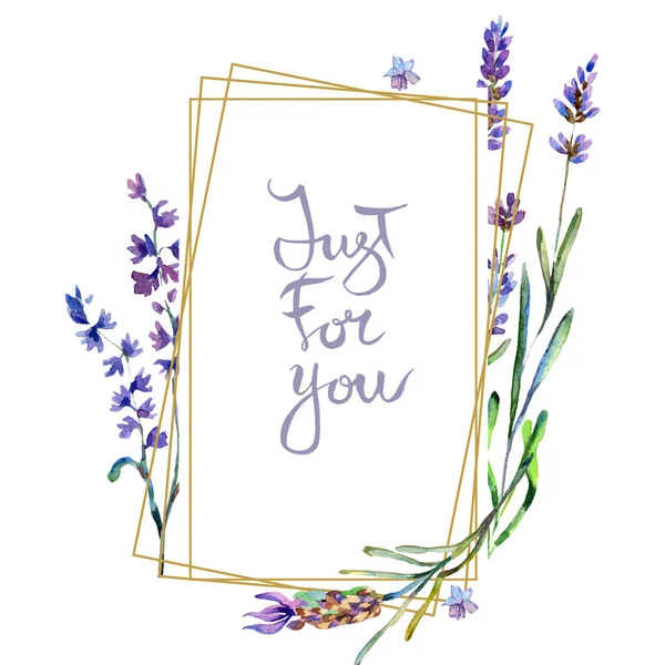 Fiori viola di lavanda. Solo per te calligrafia monogramma calligrafia. Sfondo acquerello. Inquadrare ornamento bordo. Pietra di cristallo oro poliedro forma a mosaico ametista gemma . — Foto stock