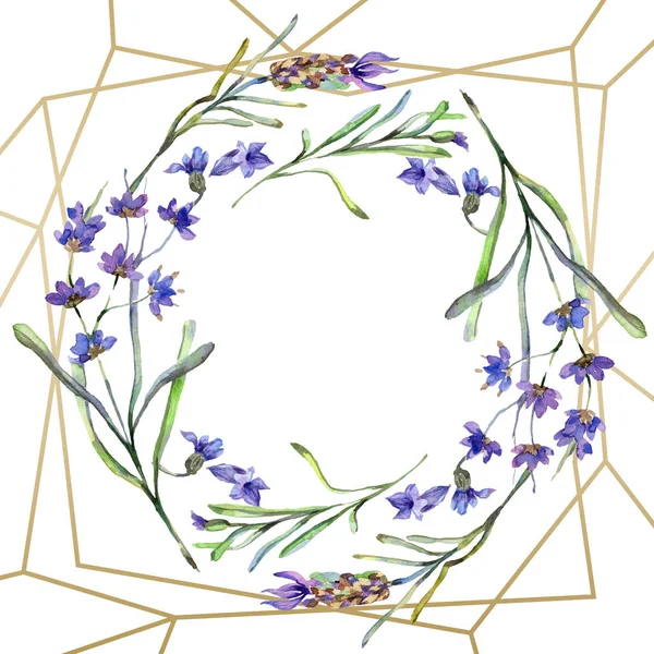 Fiori viola di lavanda. Illustrazione acquerello sfondo. Inquadrare ornamento bordo. Pietra di cristallo oro poliedro forma a mosaico ametista gemma . — Foto stock