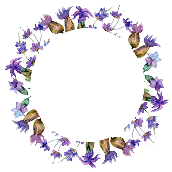 Purple lavender flowers. Spring wildflowers. Watercolor background illustration. Wreath frame border. — Stock Photo