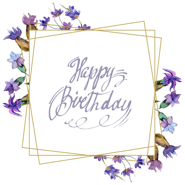 Purple lavender flowers. Happy birthday handwriting monogram calligraphy. Watercolor background. Frame border ornament. Gold crystal stone polyhedron mosaic shape amethyst gem. — Stock Photo