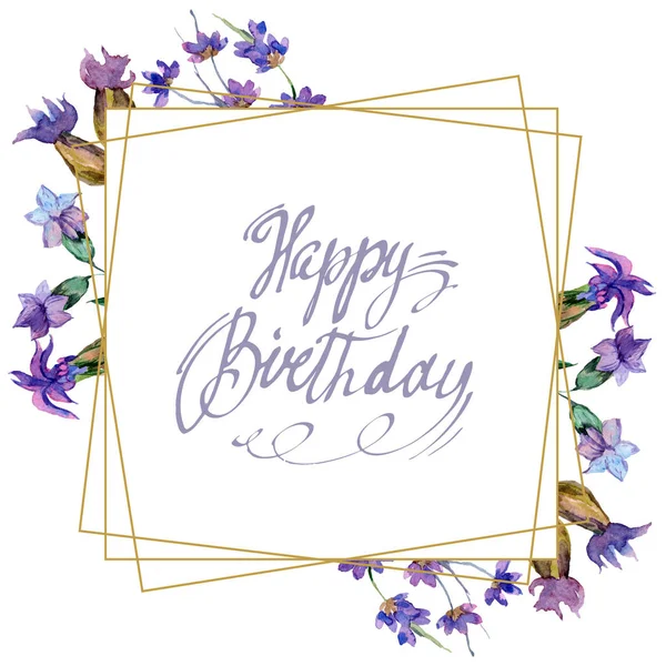 Fiori viola di lavanda. Buon compleanno calligrafia monogramma calligrafia. Sfondo acquerello. Inquadrare ornamento bordo. Pietra di cristallo oro poliedro forma a mosaico ametista gemma . — Foto stock