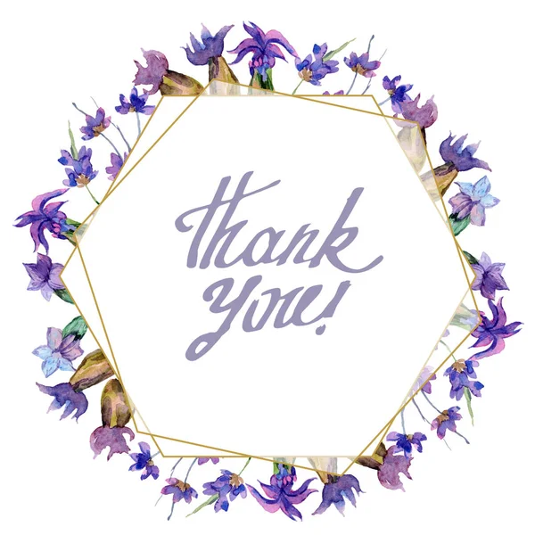 Purple lavender flowers. Thank you handwriting monogram calligraphy. Watercolor background. Frame border ornament. Gold crystal stone polyhedron mosaic shape amethyst gem. — Stock Photo