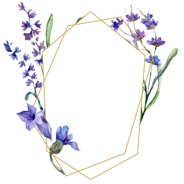 Purple lavender flowers. Watercolor background illustration. Frame border ornament. Gold crystal stone polyhedron mosaic shape amethyst gem. — Stock Photo