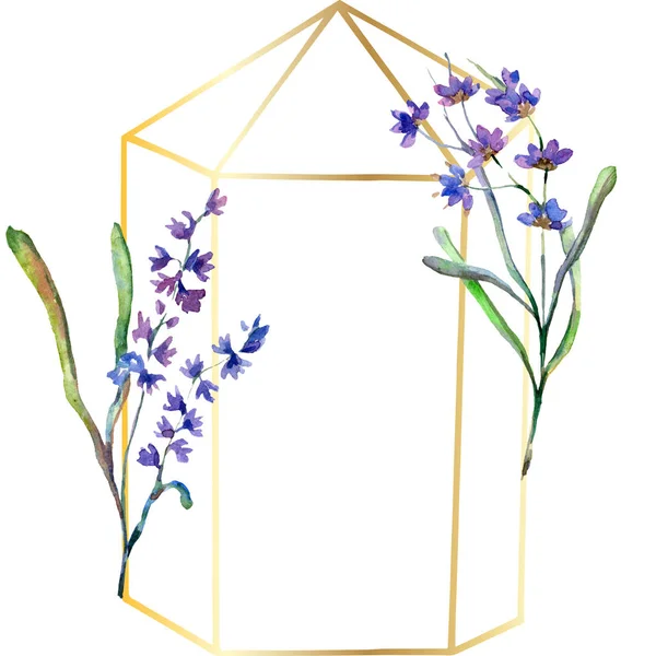 Purple lavender flowers. Watercolor background illustration. Frame border ornament. Gold crystal stone polyhedron mosaic shape amethyst gem. — Stock Photo