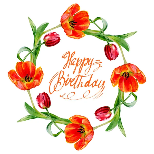 Amazing red tulip flowers with green leaves. Happy Birthday handwriting monogram calligraphy. Watercolor background illustration. Frame border ornament wreath. — Stock Photo