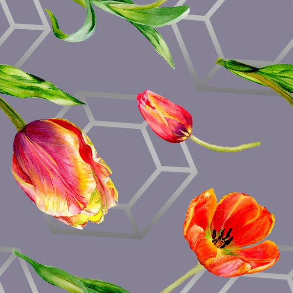 Incroyables fleurs de tulipes rouges avec des feuilles vertes. Fleurs botaniques dessinées à la main. Illustration de fond aquarelle. Modèle sans couture. Texture d'impression papier peint tissu . — Photo de stock