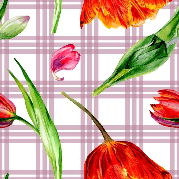 Amazing red tulip flowers with green leaves. Hand drawn botanical flowers. Watercolor background illustration. Seamless pattern. Fabric wallpaper print texture. — Stock Photo