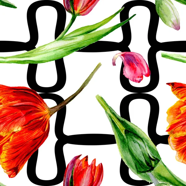 Amazing red tulip flowers with green leaves. Hand drawn botanical flowers. Watercolor background illustration. Seamless pattern. Fabric wallpaper print texture. — Stock Photo