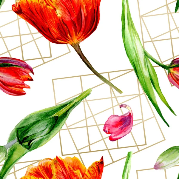 Amazing red tulip flowers with green leaves. Hand drawn botanical flowers. Watercolor background illustration. Seamless pattern. Fabric wallpaper print texture. — Stock Photo