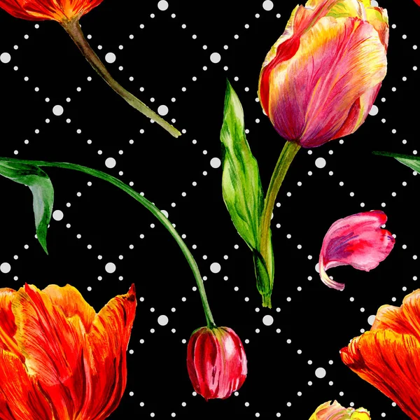 Increíbles flores de tulipán rojo con hojas verdes. Flores botánicas hechas a mano. Ilustración de fondo acuarela. Patrón sin costuras. Textura de impresión de papel pintado de tela . - foto de stock