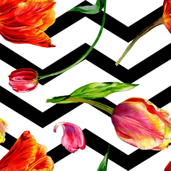 Increíbles flores de tulipán rojo con hojas verdes. Flores botánicas hechas a mano. Ilustración de fondo acuarela. Patrón sin costuras. Textura de impresión de papel pintado de tela . — Stock Photo