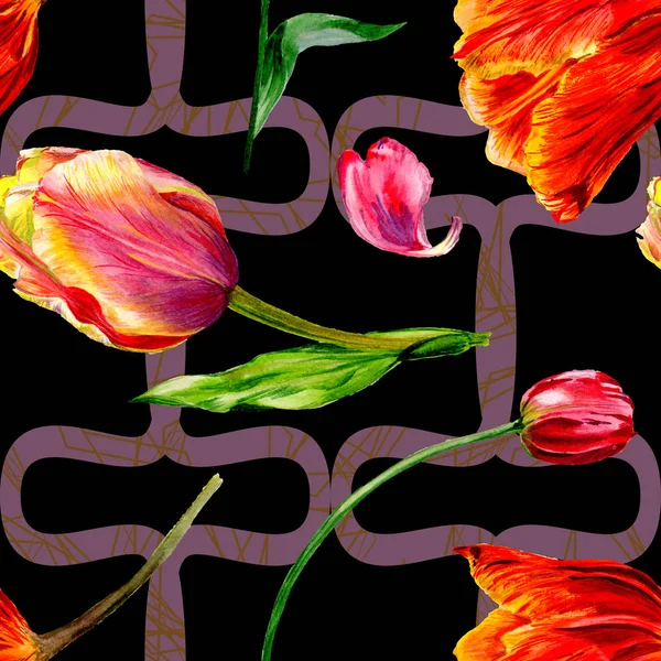 Increíbles flores de tulipán rojo con hojas verdes. Flores botánicas hechas a mano. Ilustración de fondo acuarela. Patrón sin costuras. Textura de impresión de papel pintado de tela . - foto de stock