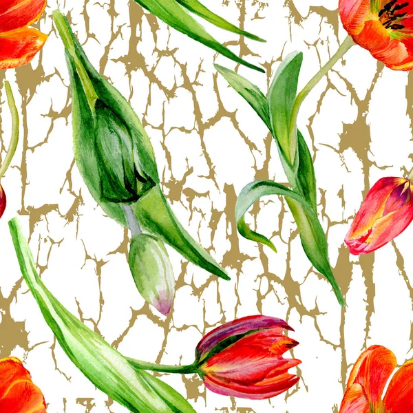 Increíbles flores de tulipán rojo con hojas verdes. Flores botánicas hechas a mano. Ilustración de fondo acuarela. Patrón sin costuras. Textura de impresión de papel pintado de tela . - foto de stock