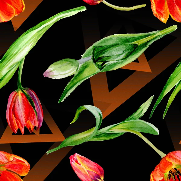 Increíbles flores de tulipán rojo con hojas verdes. Flores botánicas hechas a mano. Ilustración de fondo acuarela. Patrón sin costuras. Textura de impresión de papel pintado de tela
. - foto de stock