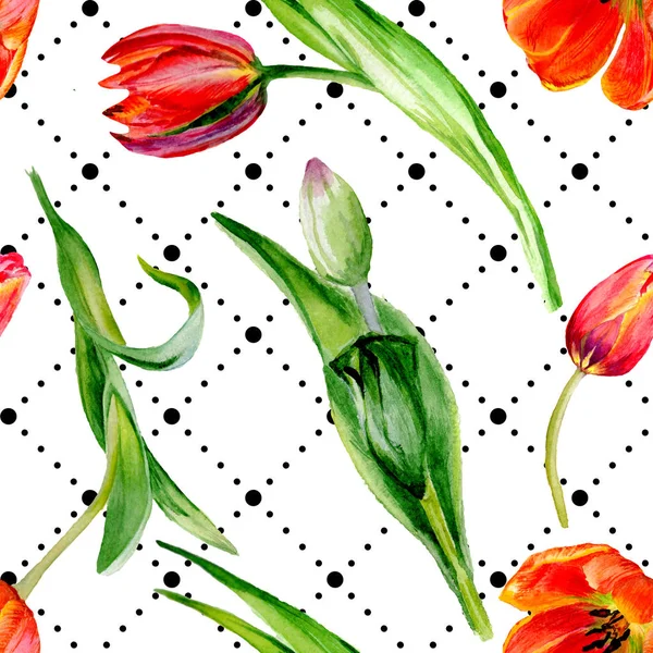 Amazing red tulip flowers with green leaves. Hand drawn botanical flowers. Watercolor background illustration. Seamless pattern. Fabric wallpaper print texture. — Stock Photo