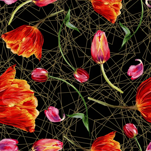 Increíbles flores de tulipán rojo con hojas verdes. Flores botánicas hechas a mano. Ilustración de fondo acuarela. Patrón sin costuras. Textura de impresión de papel pintado de tela . - foto de stock