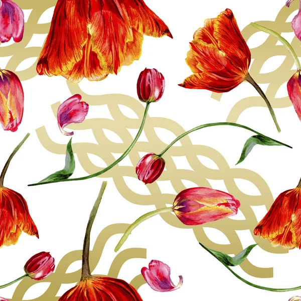 Incredibili fiori di tulipano rosso con foglie verdi. Fiori botanici disegnati a mano. Illustrazione acquerello sfondo. Schema senza soluzione di continuità. Tessuto carta da parati stampa texture . — Foto stock