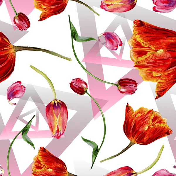 Удивительные красные цветы тюльпана с зелеными листьями. Ручной рисунок ботанических цветов. Акварельная фоновая иллюстрация. Бесшовный шаблон. Текстура ткани для печати обоев . — стоковое фото