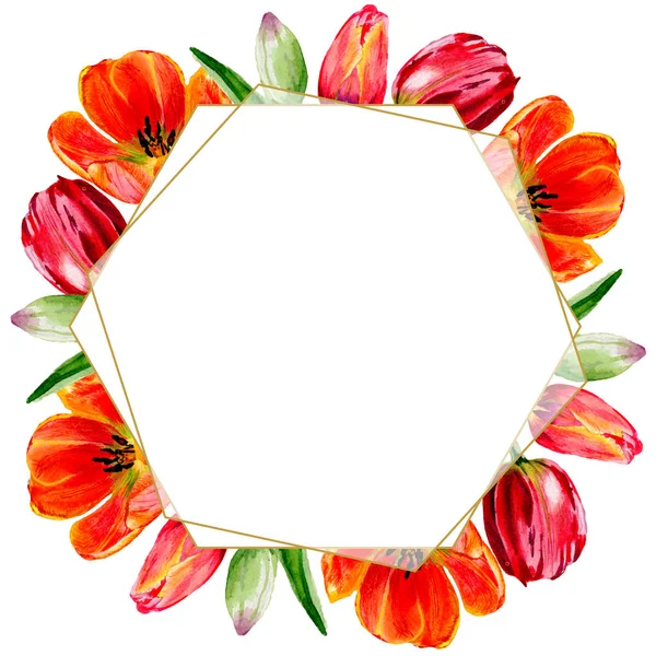 Erstaunliche rote Tulpenblüten mit grünen Blättern. handgezeichnete botanische Blumen. Aquarell-Hintergrundillustration. Rahmen Rand Ornament Kristall. geometrischer Quarz-Polygon-Kristallstein. — Stockfoto