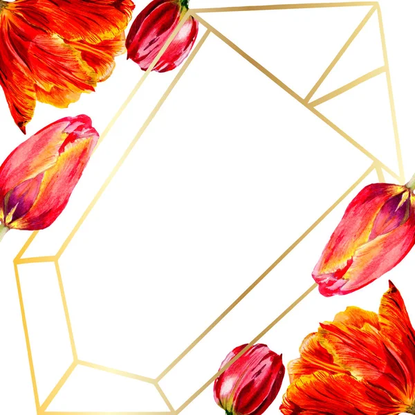 Erstaunliche rote Tulpenblüten mit grünen Blättern. handgezeichnete botanische Blumen. Aquarell-Hintergrundillustration. Rahmen Rand Ornament Kristall. geometrischer Quarz-Polygon-Kristallstein. — Stockfoto