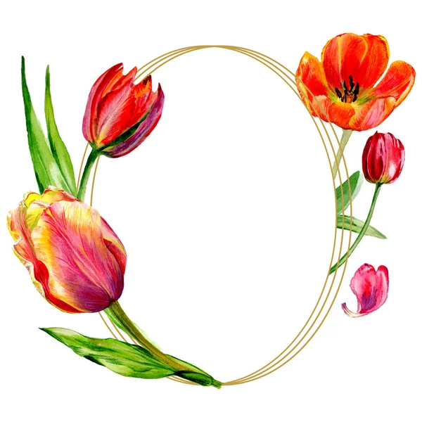 Erstaunliche rote Tulpenblüten mit grünen Blättern. handgezeichnete botanische Blumen. Aquarell-Hintergrundillustration. Rahmen rundes Randornament. geometrischer Quarz-Polygon-Kristallstein. — Stockfoto