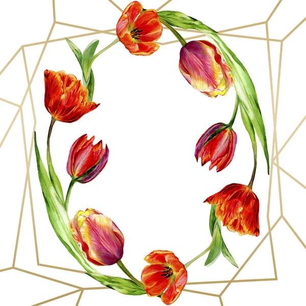 Incroyables fleurs de tulipes rouges avec des feuilles vertes. Fleurs botaniques dessinées à la main. Illustration de fond aquarelle. Cadre bordure ronde ornement. Pierre de cristal de polygone de quartz géométrique . — Photo de stock