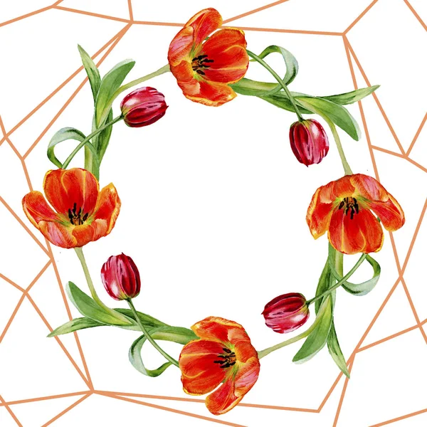 Increíbles flores de tulipán rojo con hojas verdes. Flores botánicas hechas a mano. Ilustración de fondo acuarela. Marco corona de ornamento frontera. Piedra geométrica de cristal de polígono de cuarzo . - foto de stock